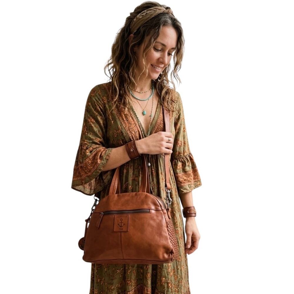 Harbour 2nd Alina Cognac Leather Woven Dome Satchel Crossbody Shoulder Boho Bag